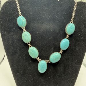 Heavy 925 Sterling Silver Turquoise Necklace 57.48g Large Oval Stones 22-23”